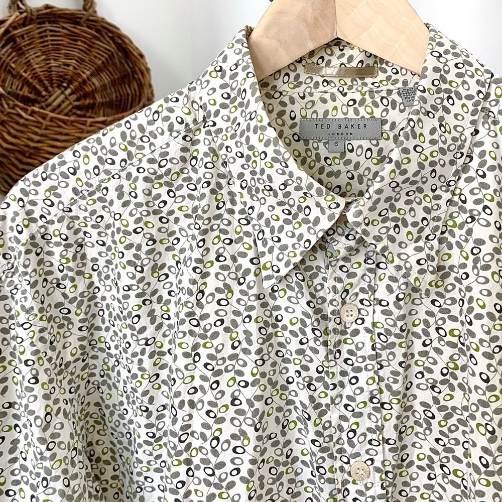Ted Baker London Abstract Print Button Down Shirt Cream green gray Ted 6 XL